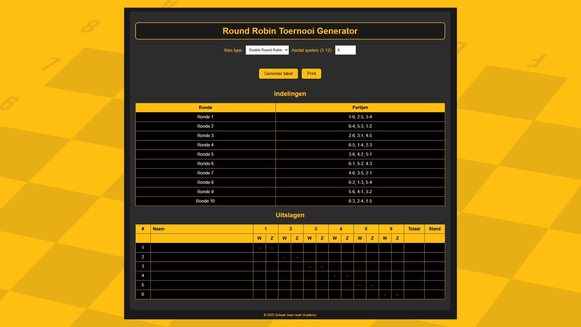 Schermafbeelding van de rr toernooi generator